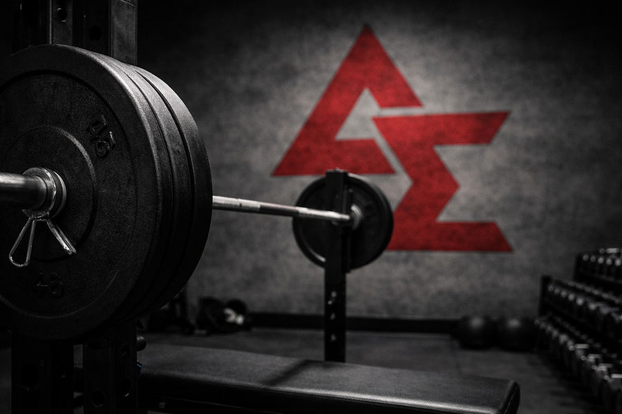 Barbell with weights on a weight bench in a gym setting, featuring a red Dynamis Supplements logo on the wall.