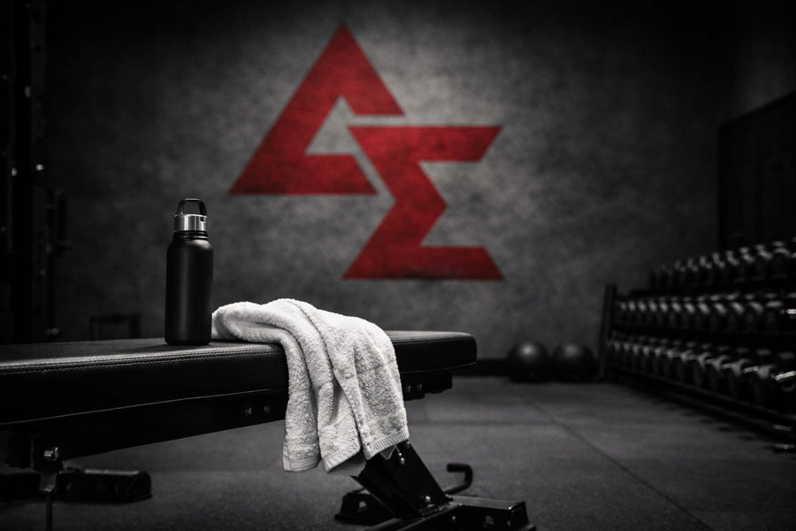 Gym setting with a bench, towel, and water bottle against a wall with a red Dynamis Suplements logo.